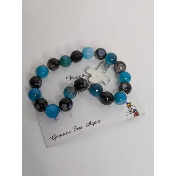 Genuine Fire Agate Bracelet w Silver Tone Rhinestone Cross Heart Cutouts NIB - Picture 5 of 5